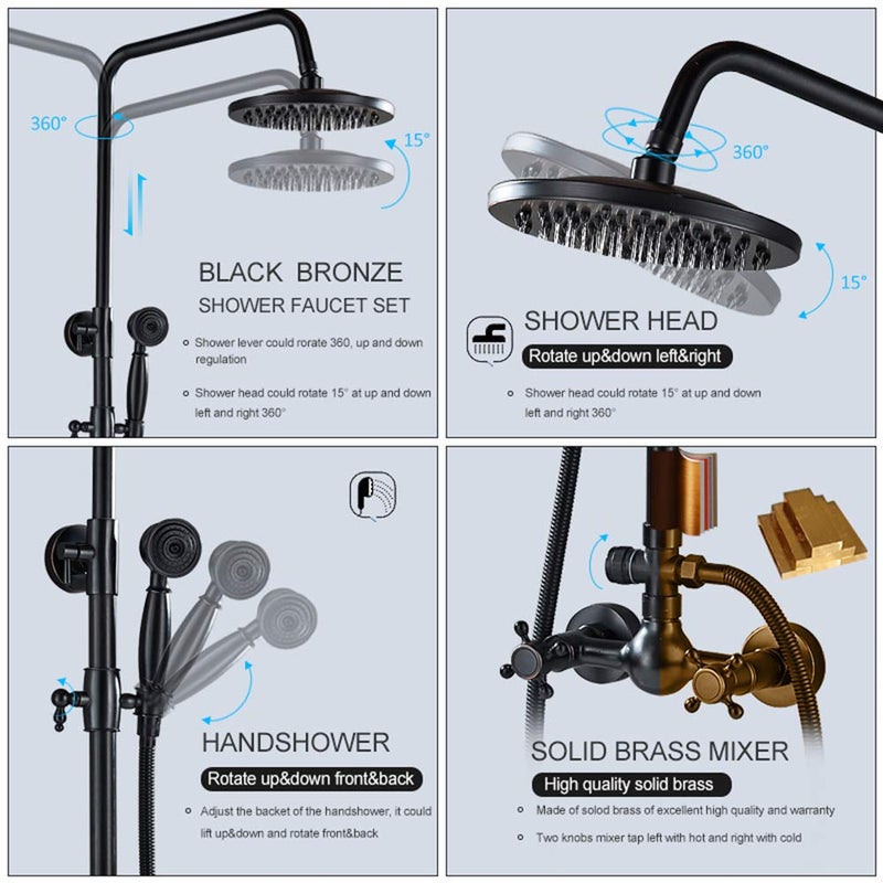 NeierThodore Luxury ORB Bathroom Shower Faucet Dual Handles Wall-Mounted Shower Mixer Taps 8" Rainfall Shower Head Ceramic Handheld Sprayer Oil Rubbed Bronze - Image 4